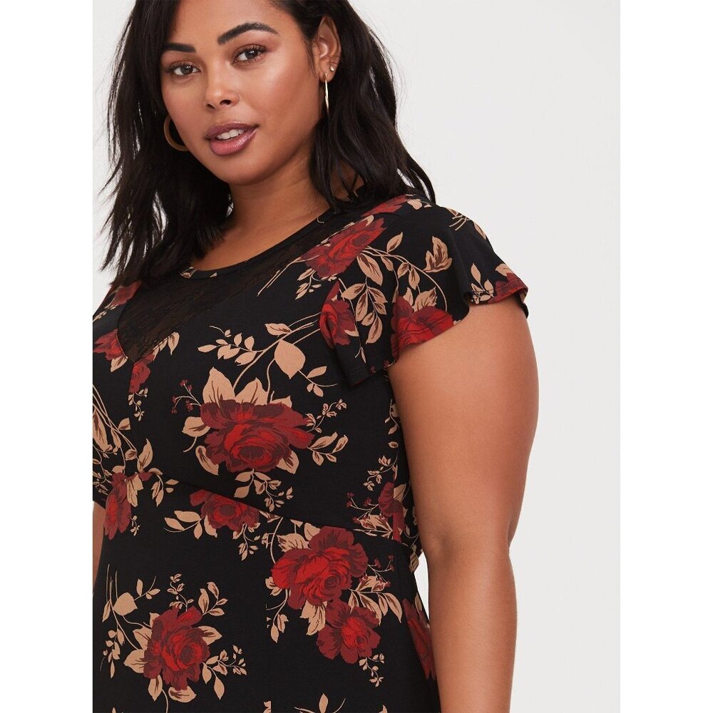 Torrid Midi Studio Knit Asymmetrical Black Flowers Dress Plus Size 1 (1X) - Picture 4 of 8